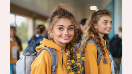 On their first day of class, two lovely blonde students clad in bright yellow jackets and backpacks pose with radiant smiles, one of them holding a charming bouquet of flowers. Their enthusiasm and ca