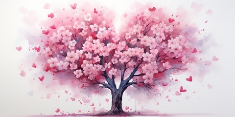Fototapeta premium Pink sakura heart tree with a flower, in the style of realistic watercolors. Symbol of love romantic holiday. Nature outdoor plant scene view