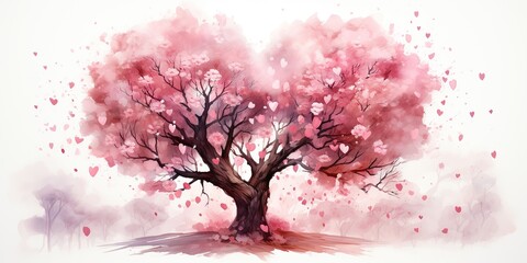 Fototapeta premium Pink sakura heart tree with a flower, in the style of realistic watercolors. Symbol of love romantic holiday. Nature outdoor plant scene view