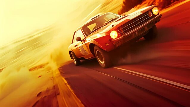 High speed shot of a rally car made from cinematic angle. Fast sports car with speed lines