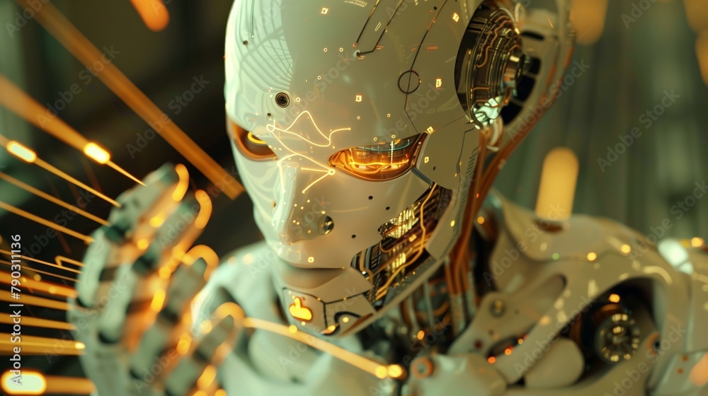 Poster The futuristic robot embodies advanced artificial intelligence and mechatronics technologies, which makes it an indispensable assistant in modern production and scientific research.