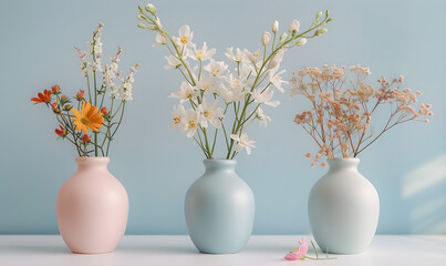 Three vases with colorful flowers arranged on a table with a white and light blue background, perfect for home decor or interior design.