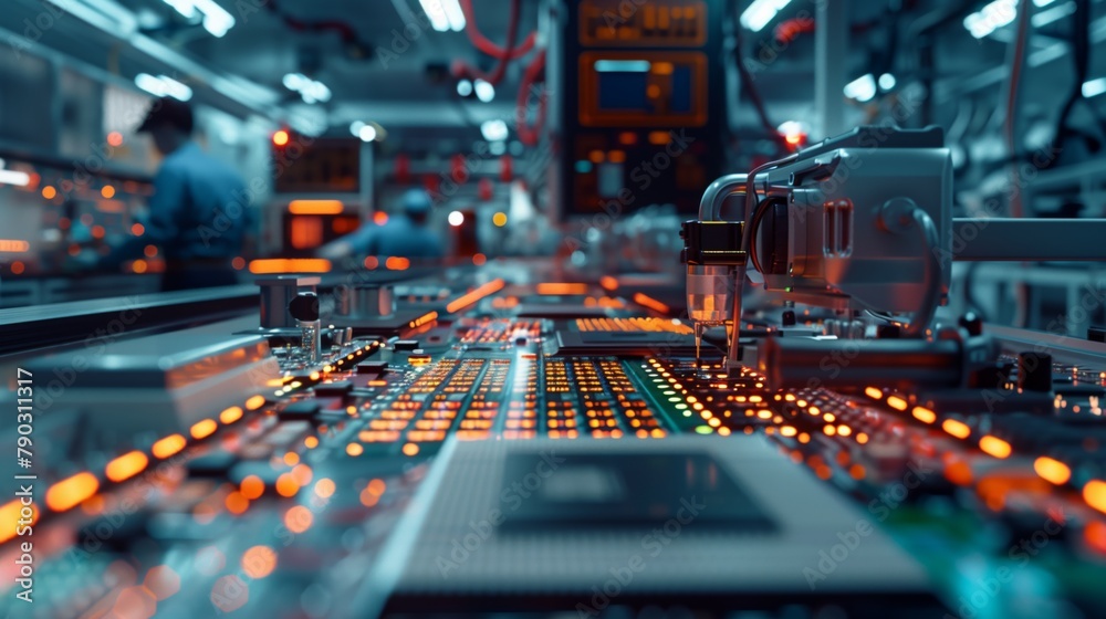 Poster The picture conveys the idea of a large-scale industry that ensures the supply of electronic components to the market. Automated production processes ensure the efficiency and quality of products.