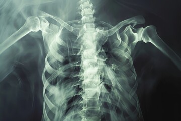 This photo shows an x-ray image of a persons torso, providing a view of the skeletal structure and organs within, Capturing the human ribs in a detailed 3D X-ray film, AI Generated