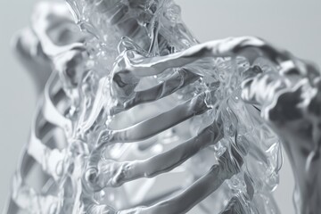 This close up photo showcases a plastic skeleton, providing a detailed look at its structure and features, Capturing the human ribs in a detailed 3D X-ray film, AI Generated
