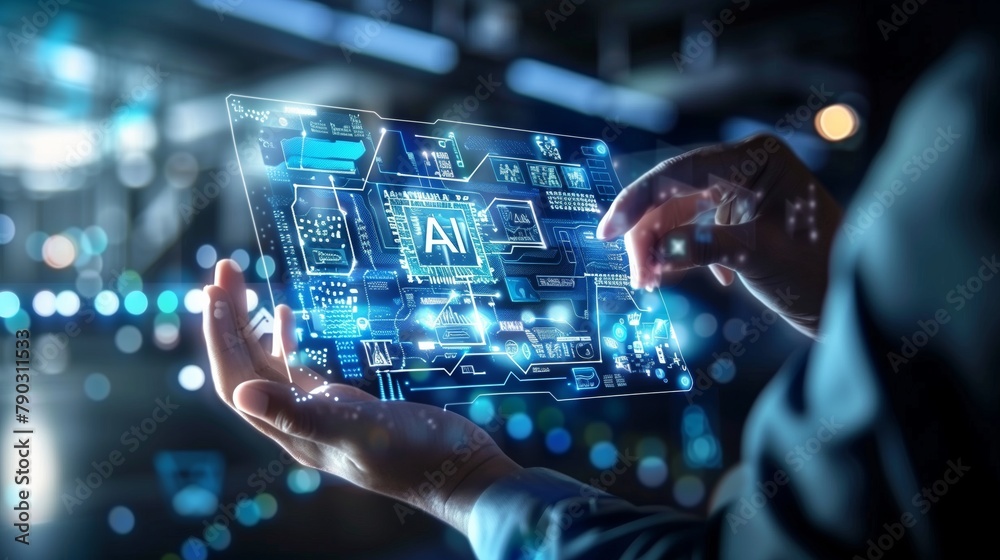 Poster The image demonstrates the interaction between humans and artificial intelligence in field of finance and market analysis. Futuristic interactive animation on transparent screen, high AI technology