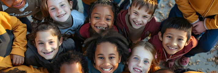 Bunch of cheerful joyful cute little children playing together and having fun. Group portrait of happy kids huddling, looking down at camera and smiling. Low angle, view from below. Friendship concept