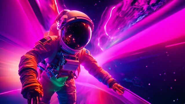Astronaut floating in astral space with surreal psychedelic galaxy flow glowing with neon colors