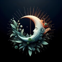 beautiful intricate digital art of sun and moon with flowers on a dark background