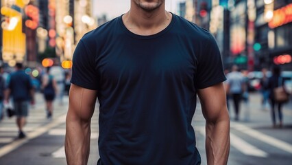 Fashionable Man Wearing a Plain Black T-Shirt in Bustling City Street
 - obrazy, fototapety, plakaty