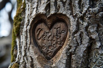 A heart-shaped carving on the bark of a tree, showcasing a symbol of love permanently etched in nature, Carved initials within a heart on a tree trunk, AI Generated
