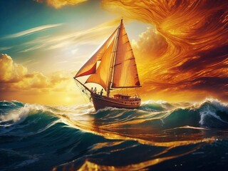 Watercraft. Boat painting the sky with vibrant colors as it floats in the ocean at sunset