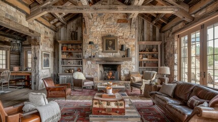 Cozy rustic living room with a warm fireplace and wooden beams