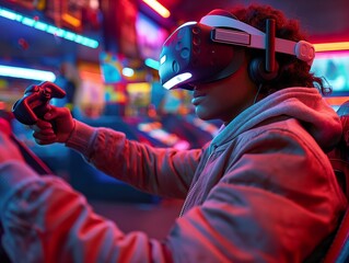 A woman wearing a VR headset is playing a video game. The room is brightly lit and the woman is fully immersed in the game