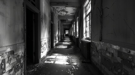 The corridor of the old hospital looms before you like a forgotten passage into darkness. Its walls, once pristine white, now bear the scars of time, marked by peeling paint and eerie shadows that dan