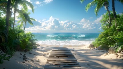 Tranquil beach with clear and calm sea and velvety white sand, sun loungers and umbrellas, suitable as a background photo for a summer vacation. Generative ai	