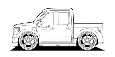 Cartoon coloring page for book and drawing. Funny vector illustration. Truck vehicle. Graphic element. Car wheel. Black contour sketch illustrate Isolated on white background.