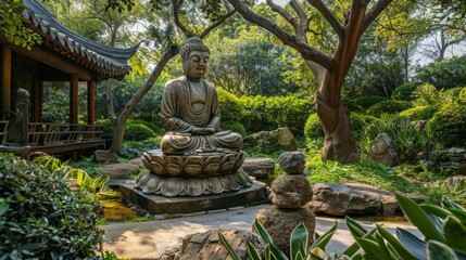 Serene Buddha Statue in Peaceful Garden Setting.