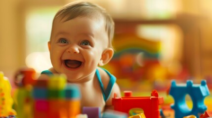Baby's playtime: A happy Caucasian baby plays with colorful toys, their fair skin glowing with excitement and laughter as they explore the world around them.
