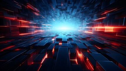 Delve into the depths of a dark and futuristic digital world, where blue data blocks pulsate with energy amidst the crimson glow of red light, creating a captivating abstract technology background