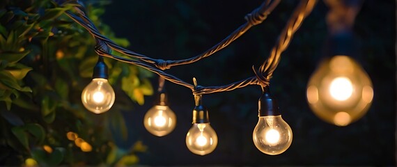 Decorative outdoor string lights hanging on tree in the garden at night time - Powered by Adobe