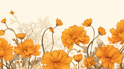 poppy flowers illustration, Anelegant Cinco de Mayo greeting card featuring delicate marigold blooms intertwined with intricate lace patterns.