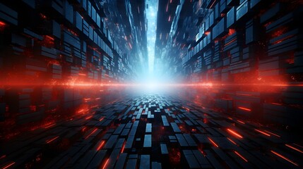 Delve into the depths of a dark and futuristic digital world, where blue data blocks pulsate with energy amidst the crimson glow of red light, creating a captivating abstract technology background