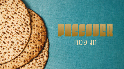 Matzah on blue background. Pesach celebration concept (jewish Passover holiday) with Hebrew inscription -  Passover\Pesach.