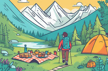 Fototapeta premium Tourist hike with tent and picnic in nature, family travel and vacation, camping away from the city