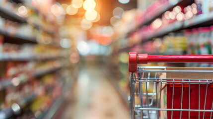 Shopping cart in supermarket and blurred photo store bokeh background