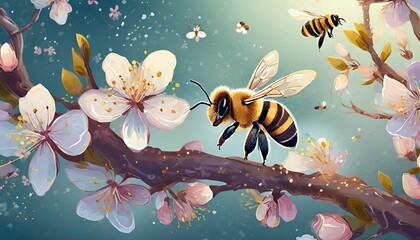 Whimsical Wonders: 3D Vector Illustration of Blossom Tree and Bees