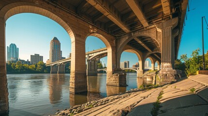 Bridge arches: Majestic arches of a historic bridge frame the city skyline, a testament to the timeless beauty of architectural design.