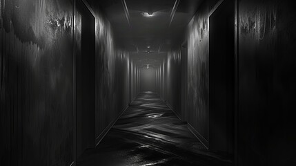 The corridor seems to stretch on endlessly, its twists and turns shrouded in darkness that seems to swallow the feeble light of your flashlight whole. Shadows dance and flicker along the walls,  - obrazy, fototapety, plakaty