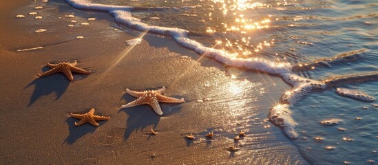 Two Starfish Resting on Beach Sand - obrazy, fototapety, plakaty