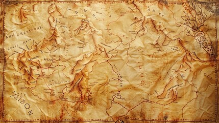 An antique map with routes leading to mythical cities of gold, evoking the allure of highrisk, highreward ventures, aged parchment texture - obrazy, fototapety, plakaty