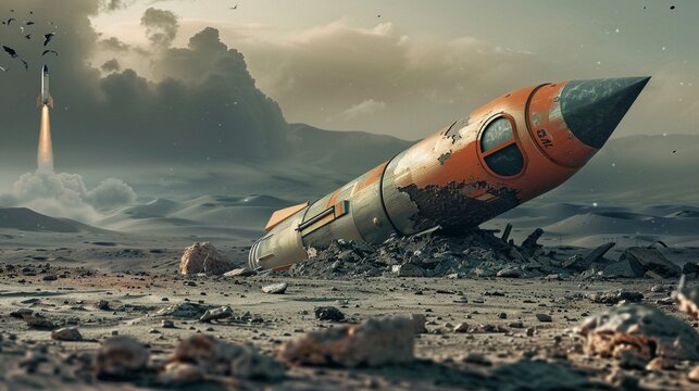An extinguished rocket crashed on a barren lunar landscape, symbol of failed aspirations and abandoned dreams
