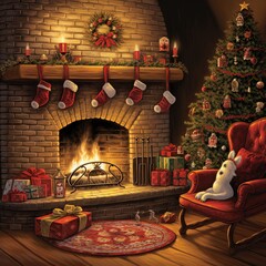 Fireside Comfort Card: A cosy fireplace with stockings hung and a warm, crackling fire symbolizes the comfort and togetherness of Christmas. Ai Generated