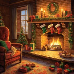 Fireside Comfort Card: A cosy fireplace with stockings hung and a warm, crackling fire symbolizes the comfort and togetherness of Christmas. Ai Generated