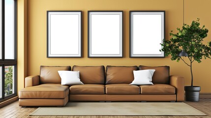 Elegant Brown Leather Sofa in Modern Living Room Interior