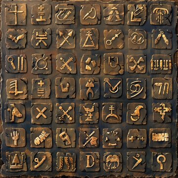 Historical cipher and code icons, drawing on ancient encryption methods like the Caesar cipher and Masonic pigpen, crafted with an archaeological dig site aesthetic
