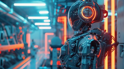 Worker in a robotic exoskeleton at a hightech manufacturing site, managing AIdriven automation processes, neonlit industrial setting, emphasis on efficiency and precision - obrazy, fototapety, plakaty