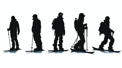 Black silhouettes snowboarders on white background