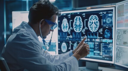 Doctor checking brain testing result with computer interface, Abstract. Innovative technology in science and medicine concept