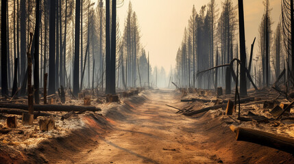 Aftermath of a forest fire, charred trees and smoldering ground, a stark reminder of the destruction caused by wildfires - obrazy, fototapety, plakaty
