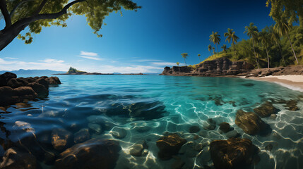 Fototapeta na wymiar Plage magnifique avec de l'eau bleu transparente et palmier.