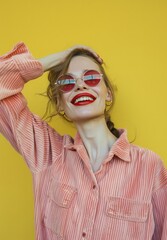 Woman Wearing Red Glasses and Pink Shirt