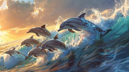 Obraz premium Dolphin pod joy: A playful pod of dolphins leaps joyfully through the waves, their sleek bodies glistening in the sunlight.
