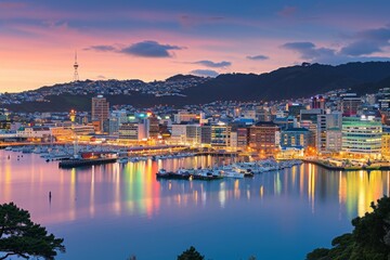 The vibrant city of Wellington illuminated at night, showcasing its bustling streets, towering buildings, and brightly lit landmarks, Cityscape of Wellington with harbor in the picture, AI Generated