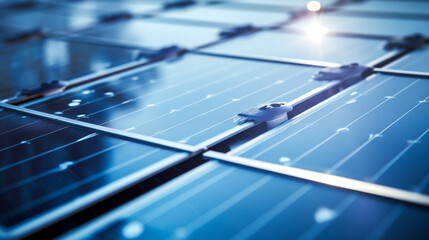 Closeup of a solar cell in operation, sunlight reflecting off the surface, detailed view showing technology in clean energy