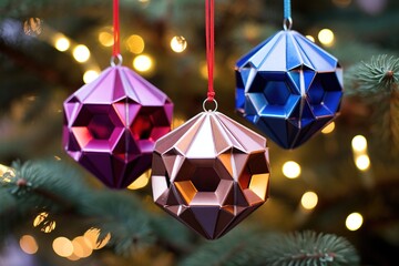 Incorporate some unique and eye-catching geometric-shaped Christmas ornaments for added visual interest. Ai generated